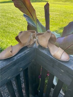 Miz Mooz Tan Ankle-Zip Open-Toe Sandals